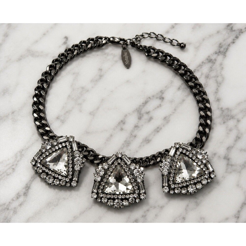 Gunmetal Crystal Statement Necklace Natasha Chunky Rhinestone Bib Glam 18”
